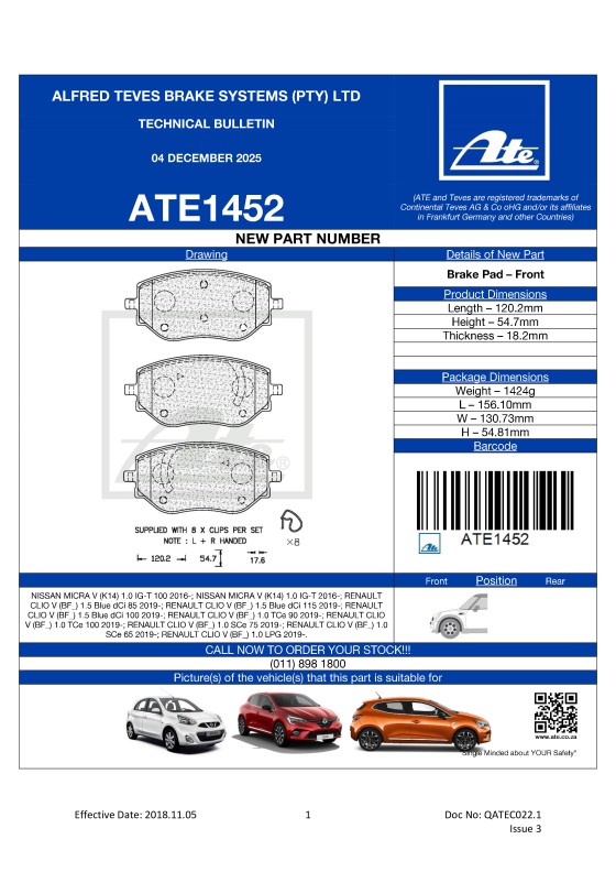 ATE1452 NEW! Brake Pad for Nissan Micra V, Renault Clio V featured image